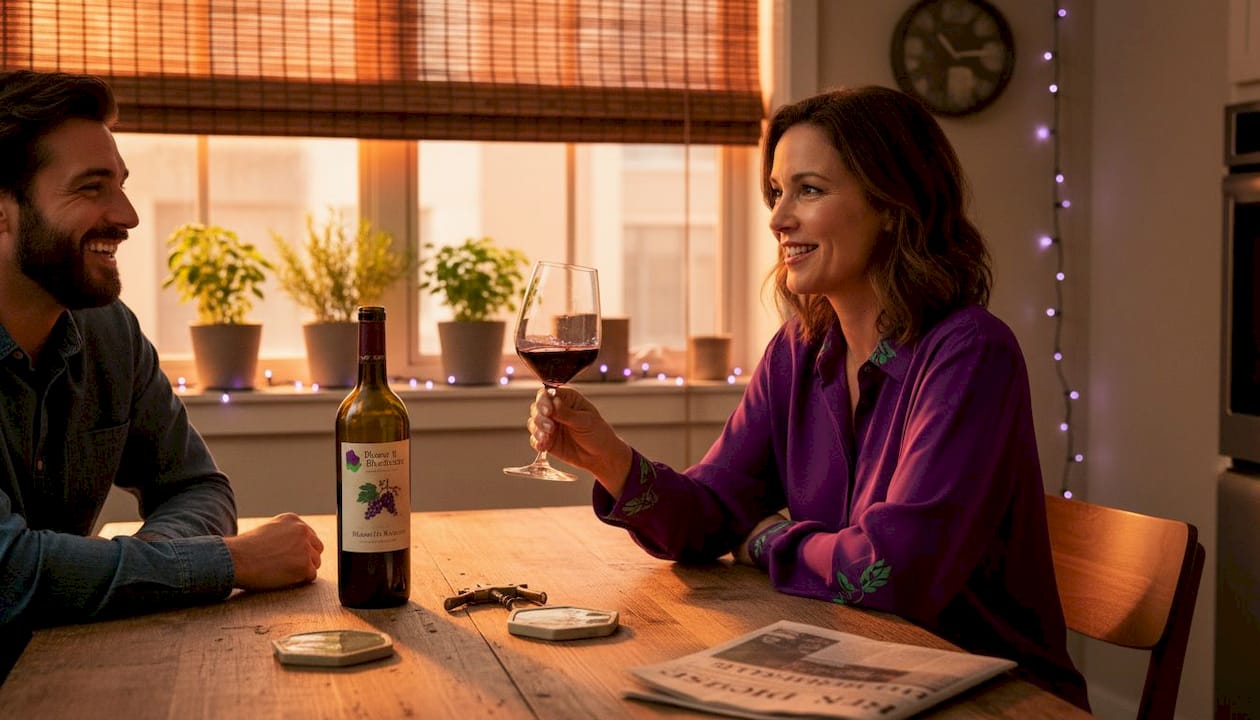 Woman relaxing at home with red wine and friend
