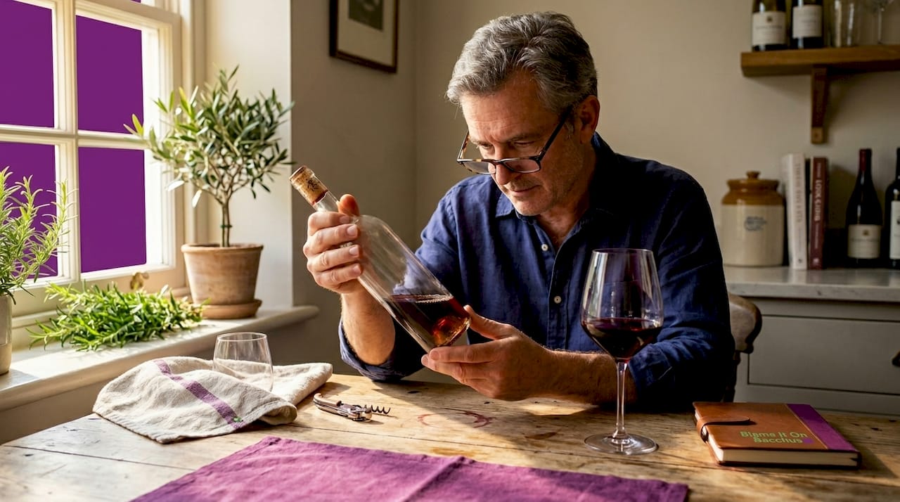 Man inspecting wine bottle sediment