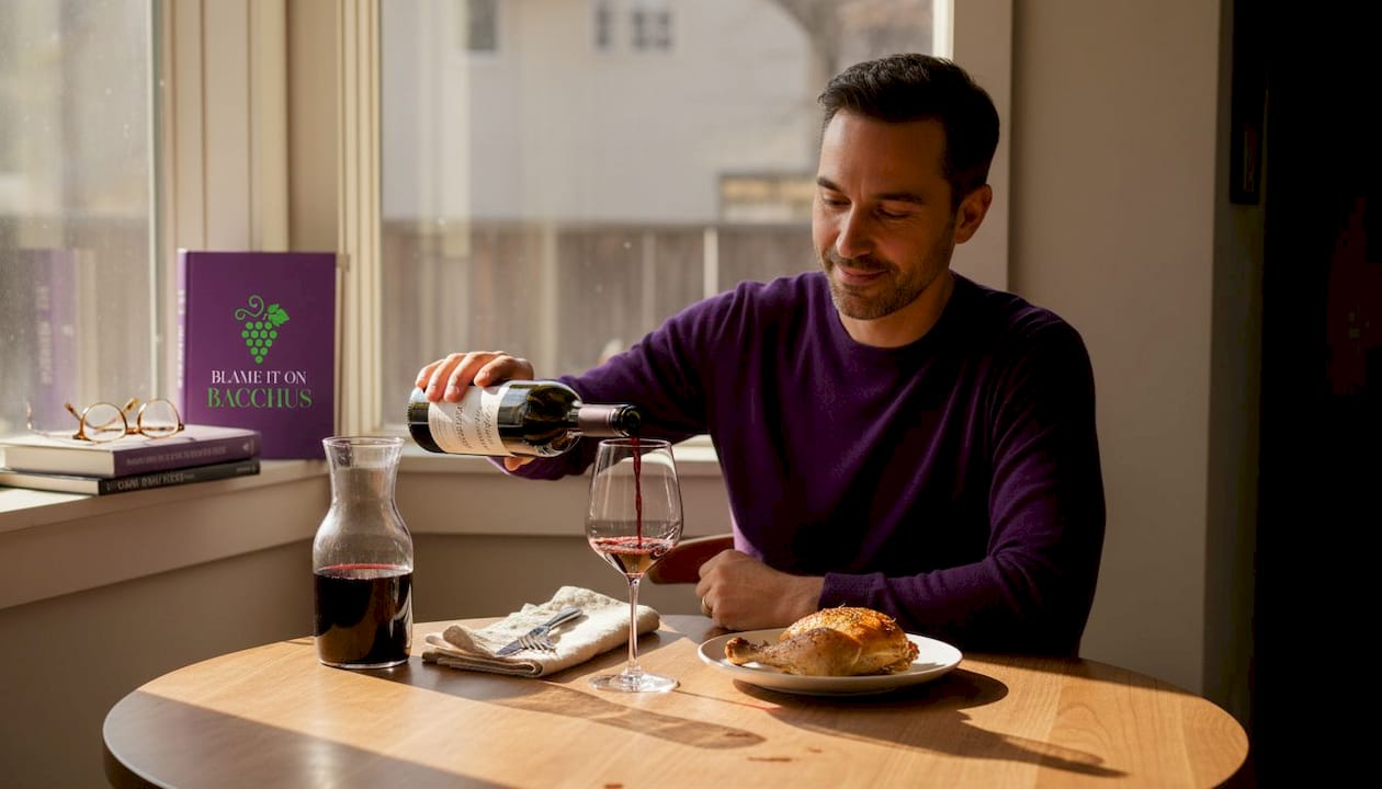 Man pours Pinot Noir at home dinner table