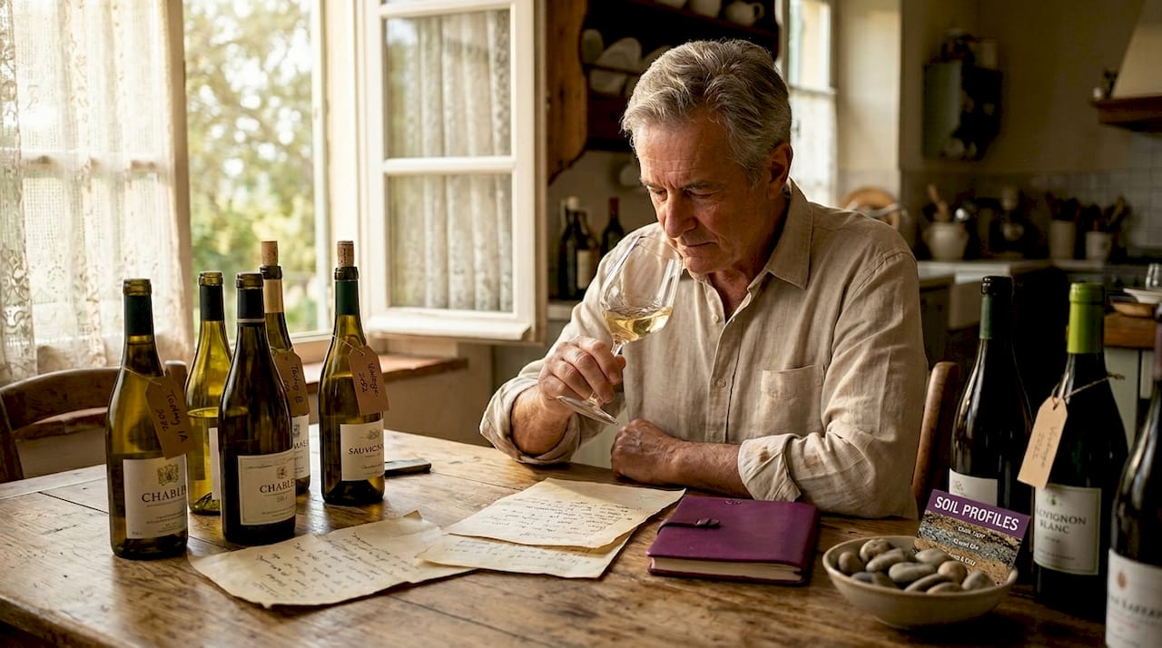 Man swirling wine at farmhouse table