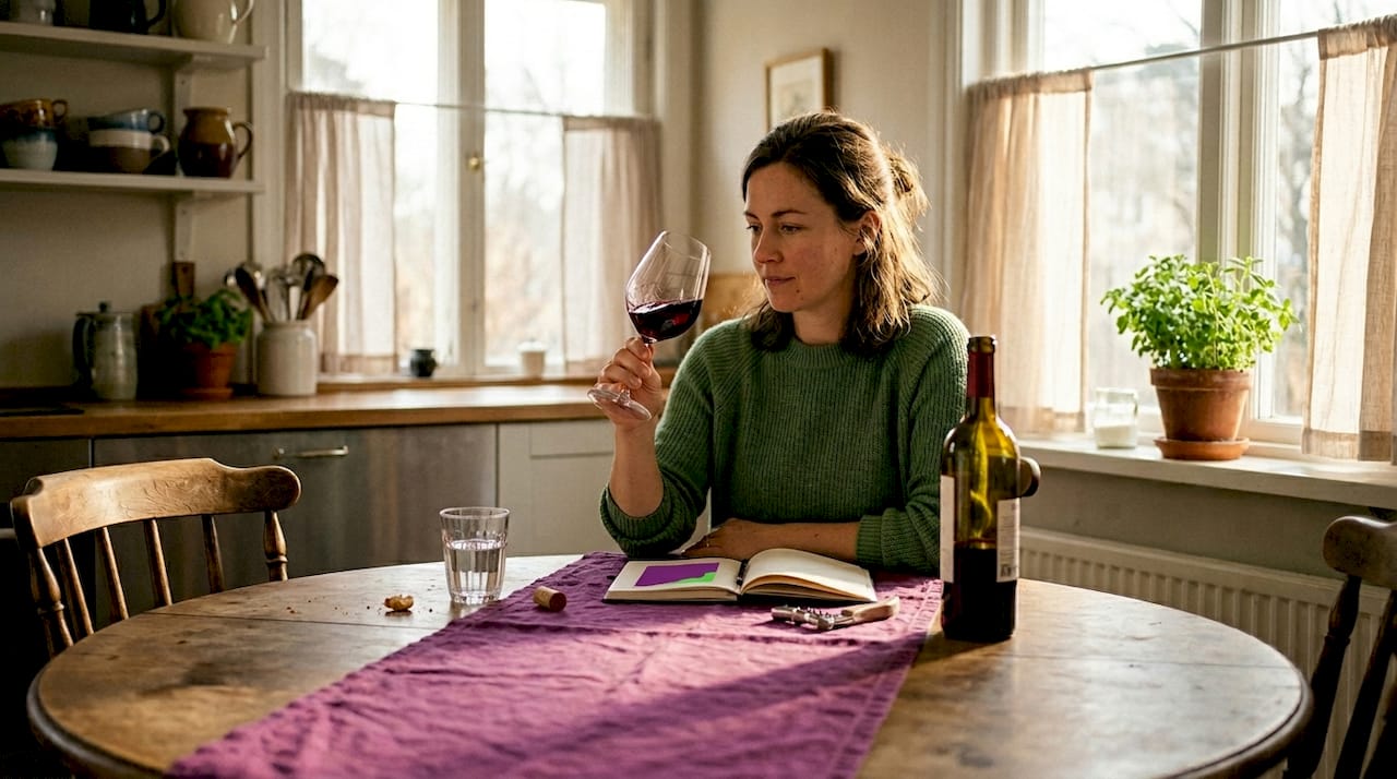 Woman tasting wine at cozy kitchen table