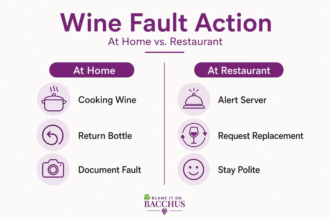 Infographic showing actions for wine faults at home and restaurants