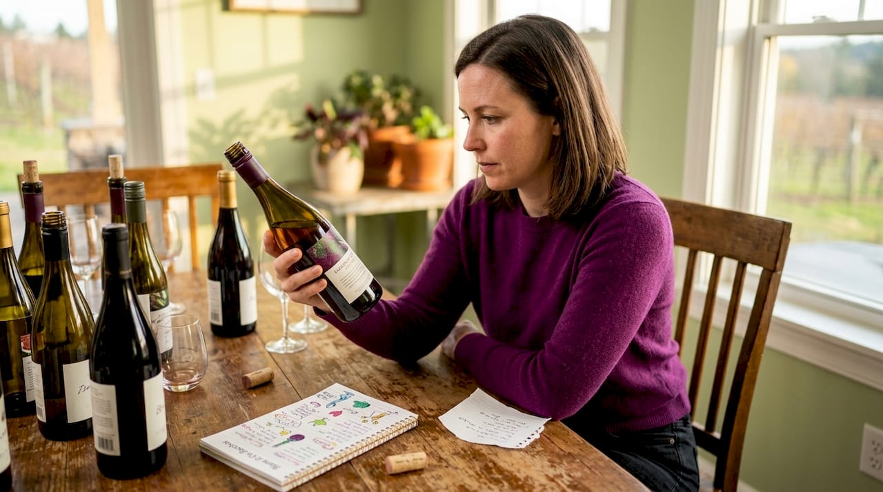 Woman studying wine bottle label in kitchen