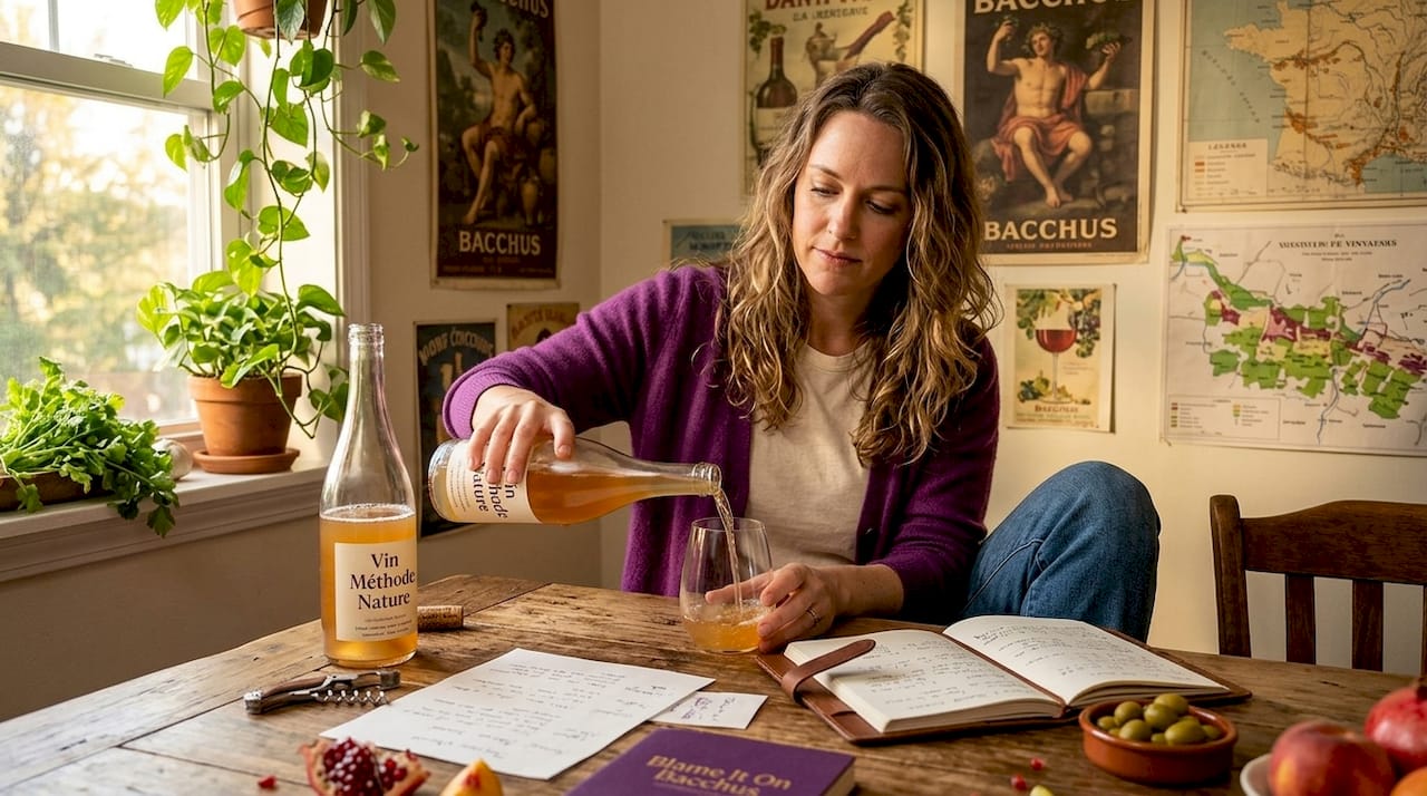 Woman tasting natural wine at home table