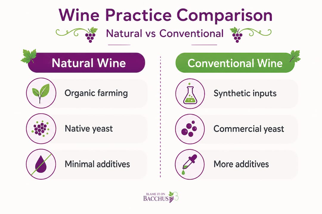 Infographic comparing natural and conventional wine practices