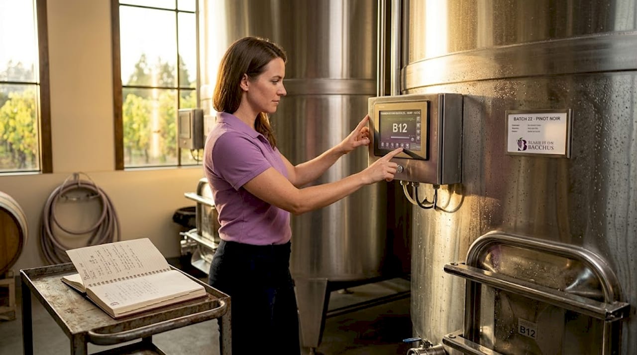 Winery technician adjusting fermentation tank temperature