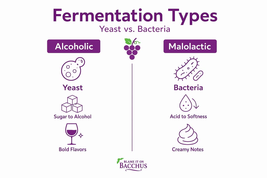 Infographic comparing alcoholic vs malolactic fermentation