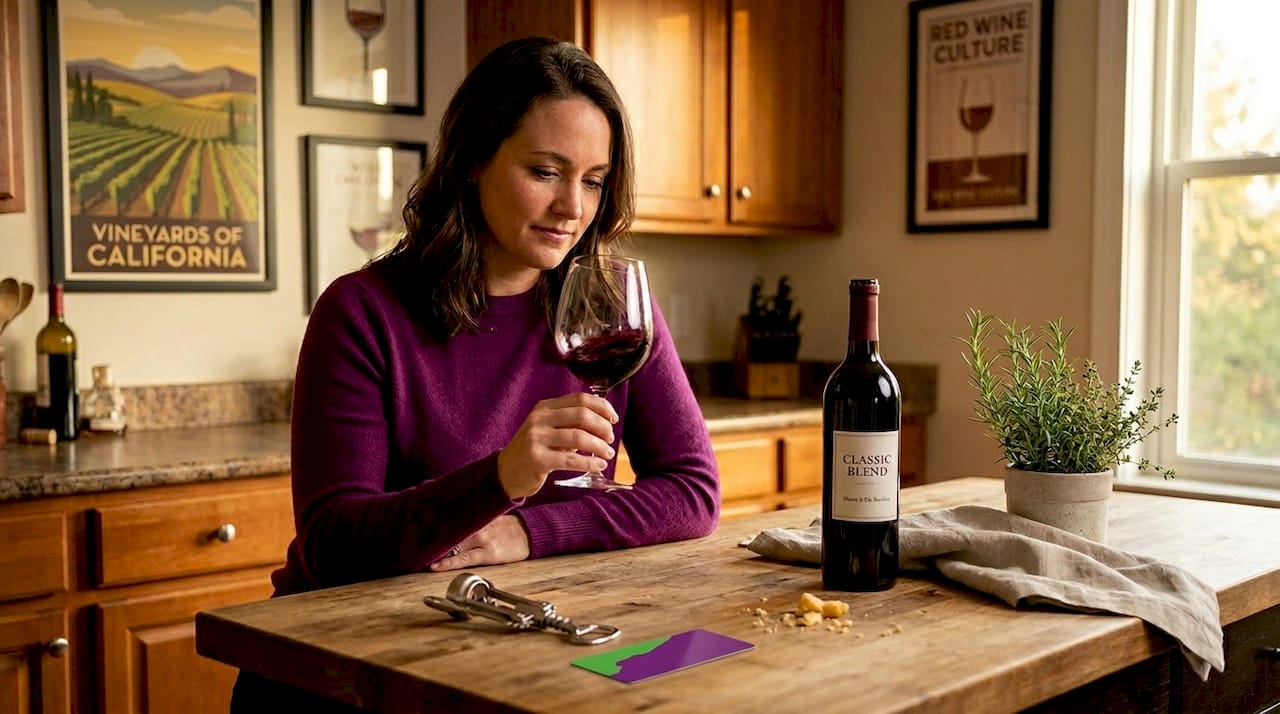 Woman tasting wine at kitchen table