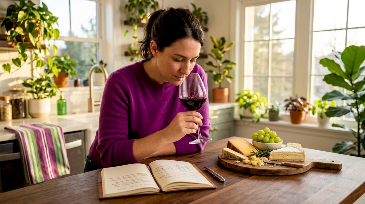 Woman smelling wine at kitchen counter