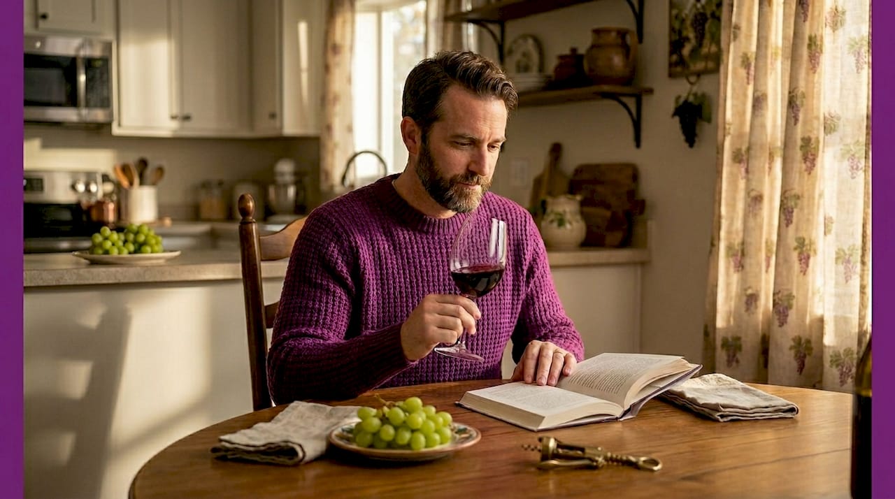 Man swirling wine at sunny kitchen table