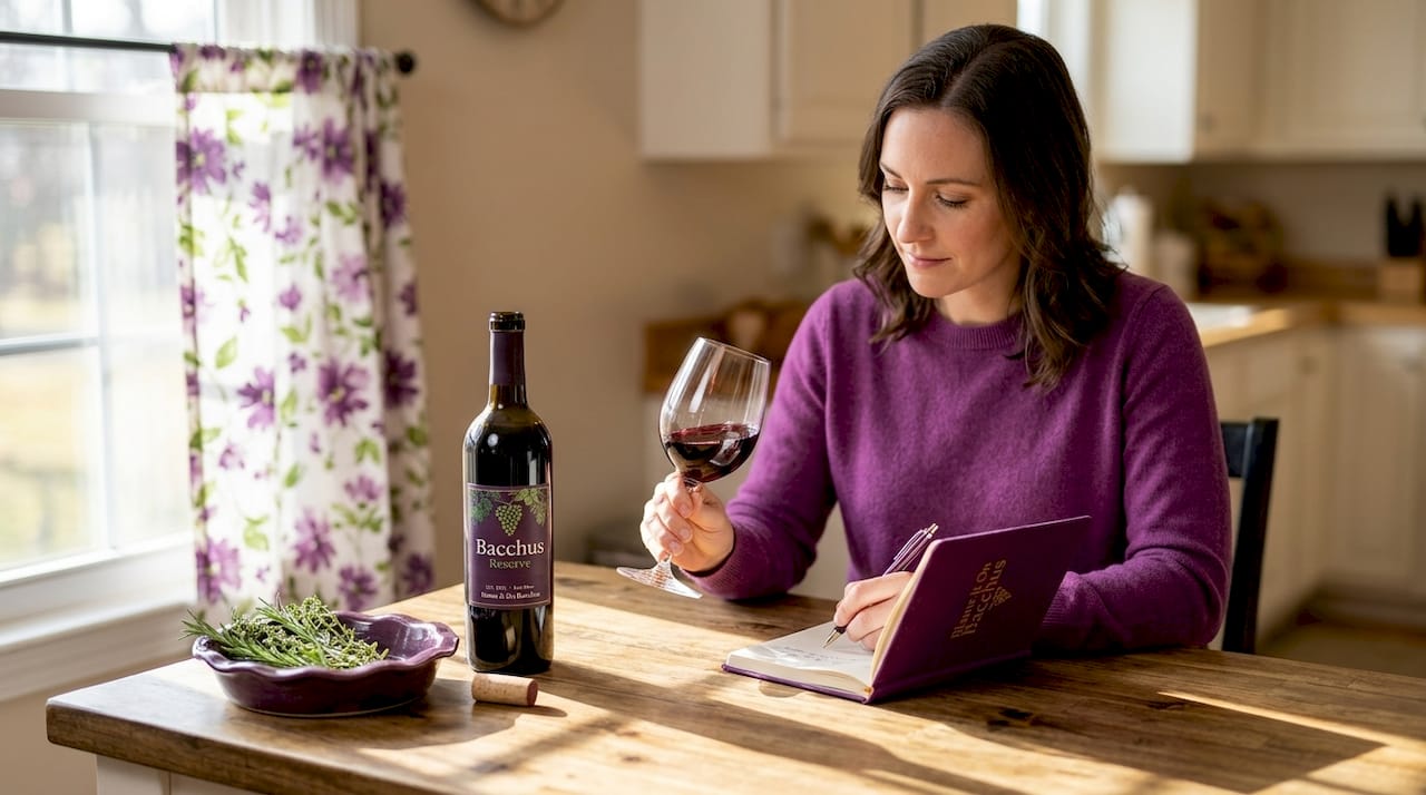 Woman tasting wine and taking notes at table