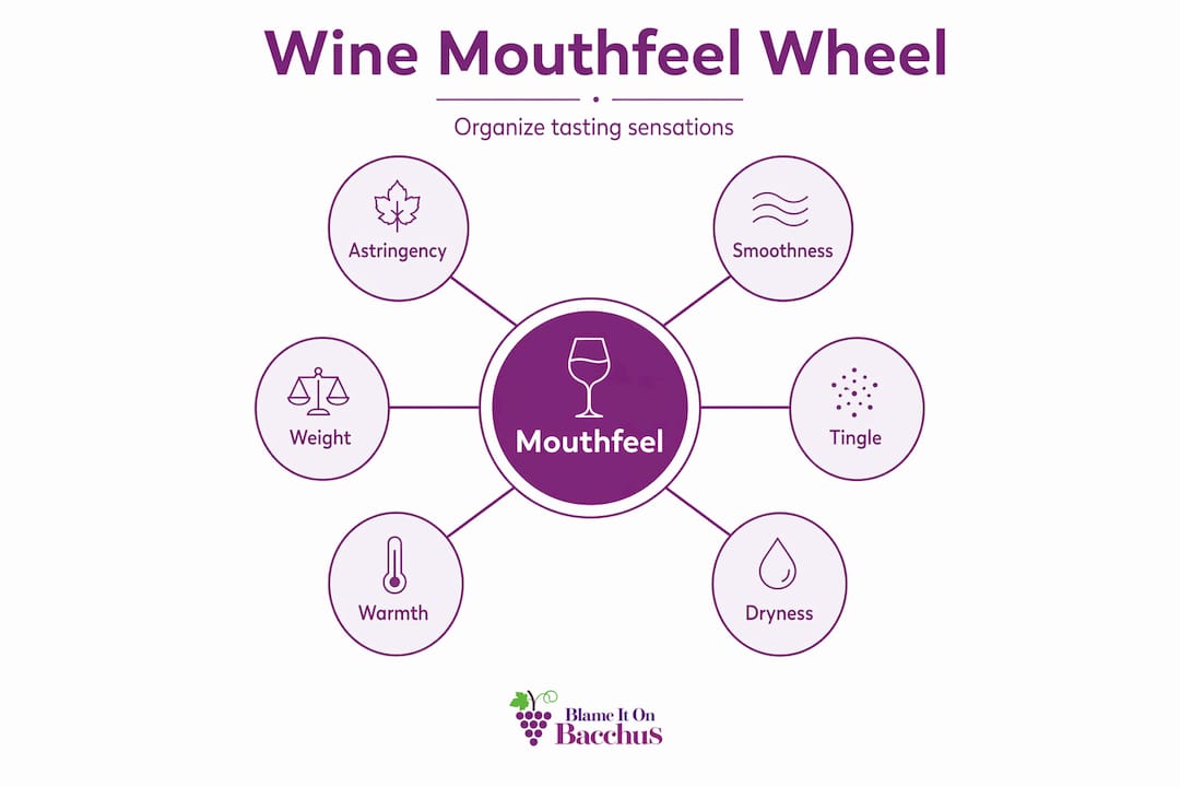 Infographic of wine mouthfeel wheel and key sensations