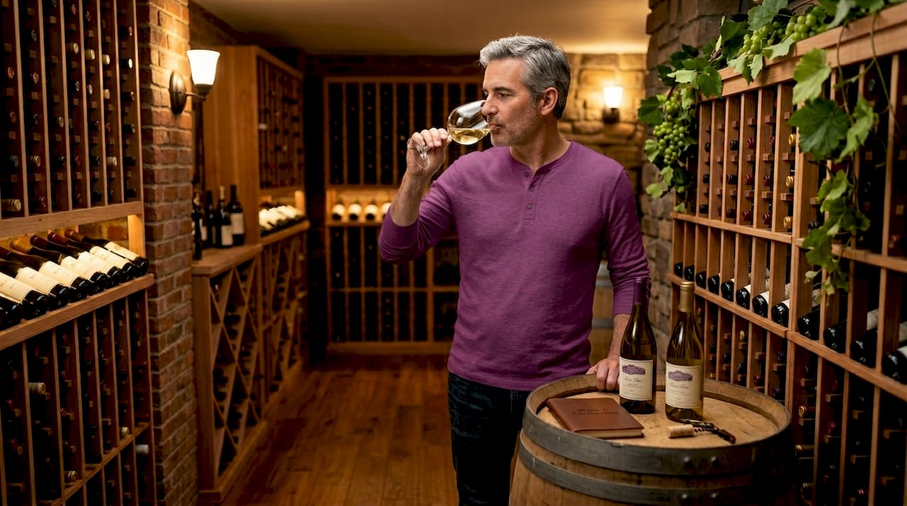 Man smelling aged wine in home cellar