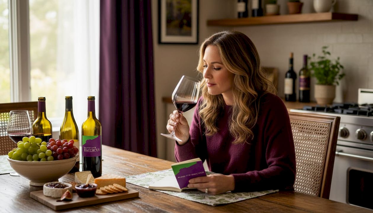 Woman noting wine aromas at kitchen table