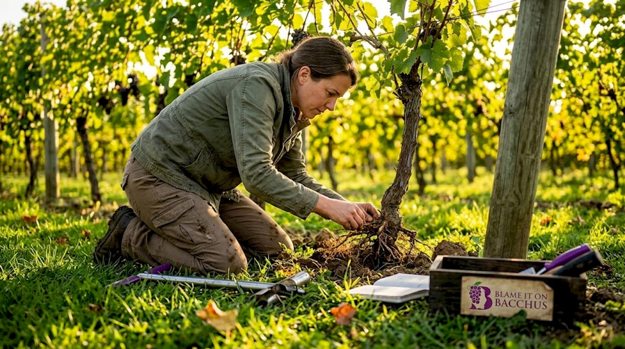 Manager examining grapevine roots in vineyard