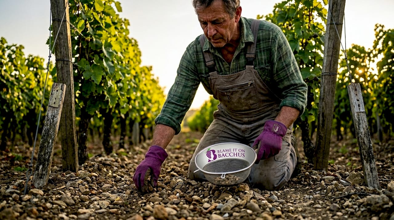 Worker clearing gravel soil in Bordeaux vines