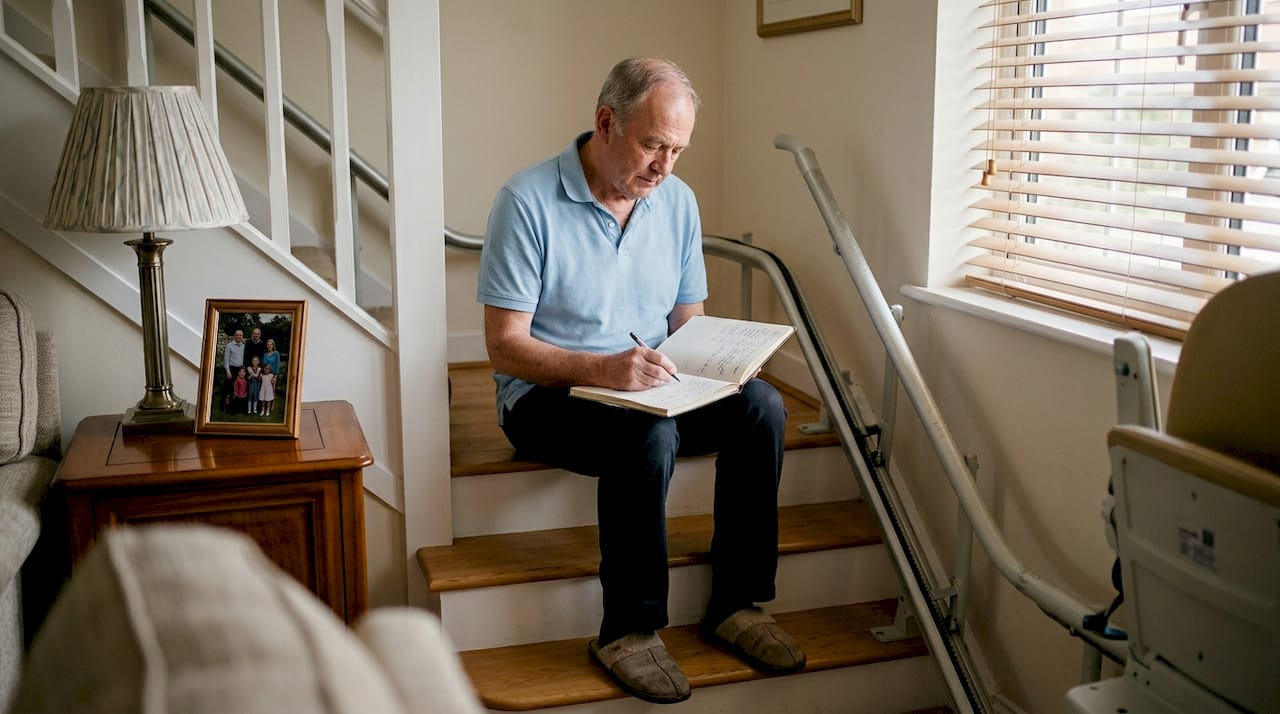 Man records stairlift maintenance log