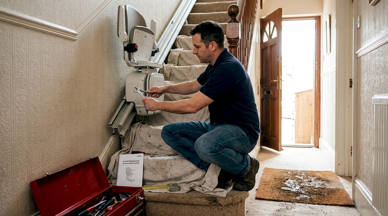 Technician installing straight stairlift narrow stairs