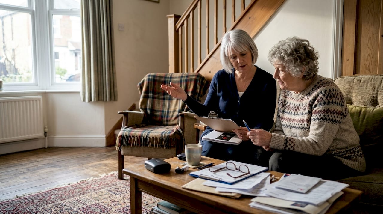 Therapist and client discussing stair safety at home