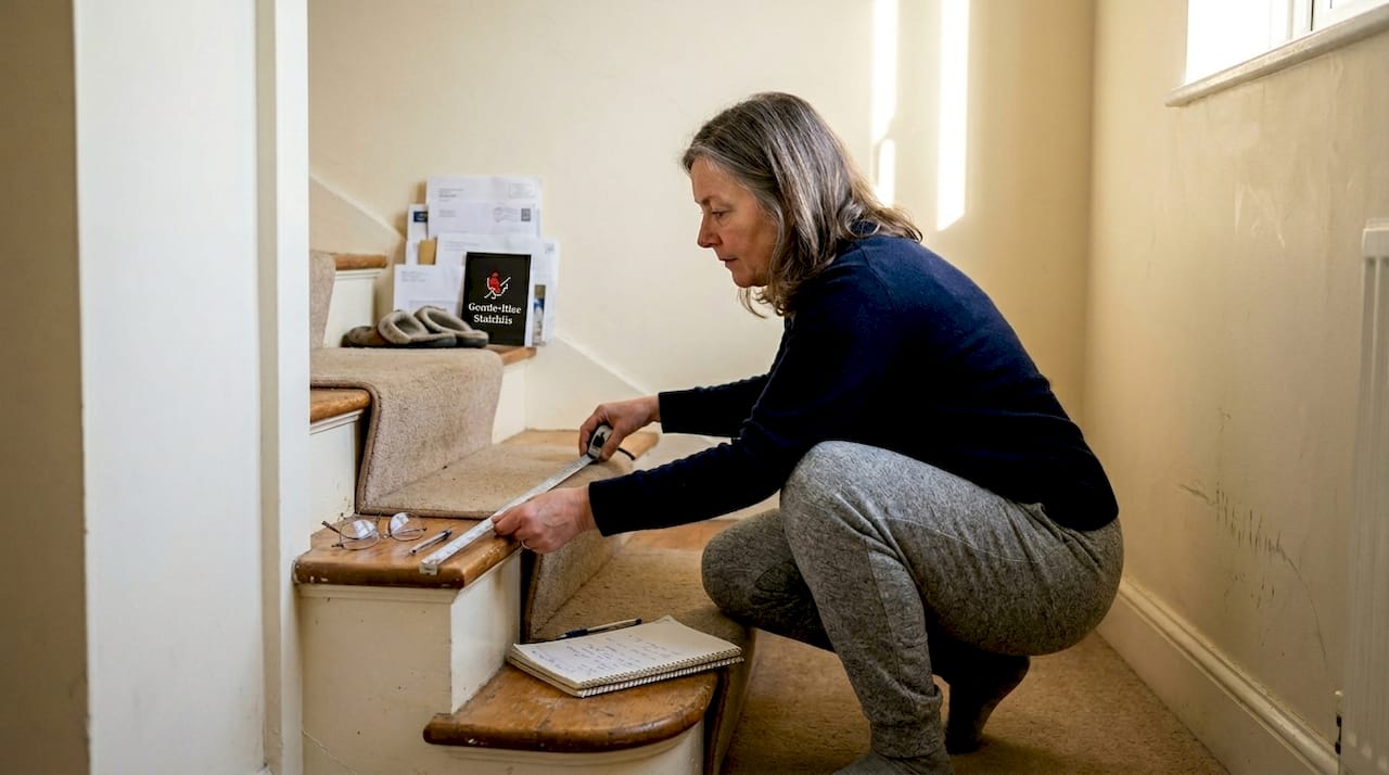 Woman measuring home staircase width