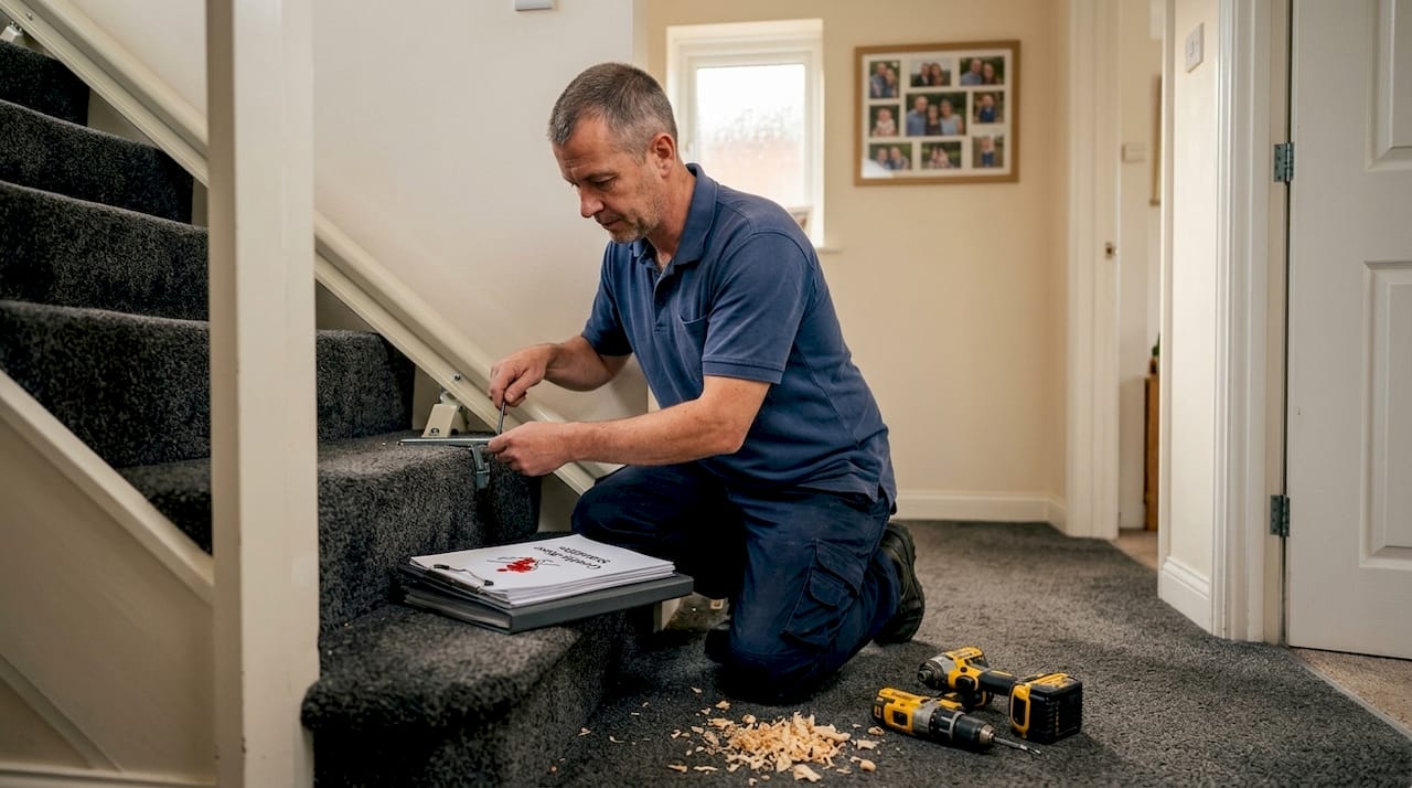 Technician installing straight stairlift on stairs