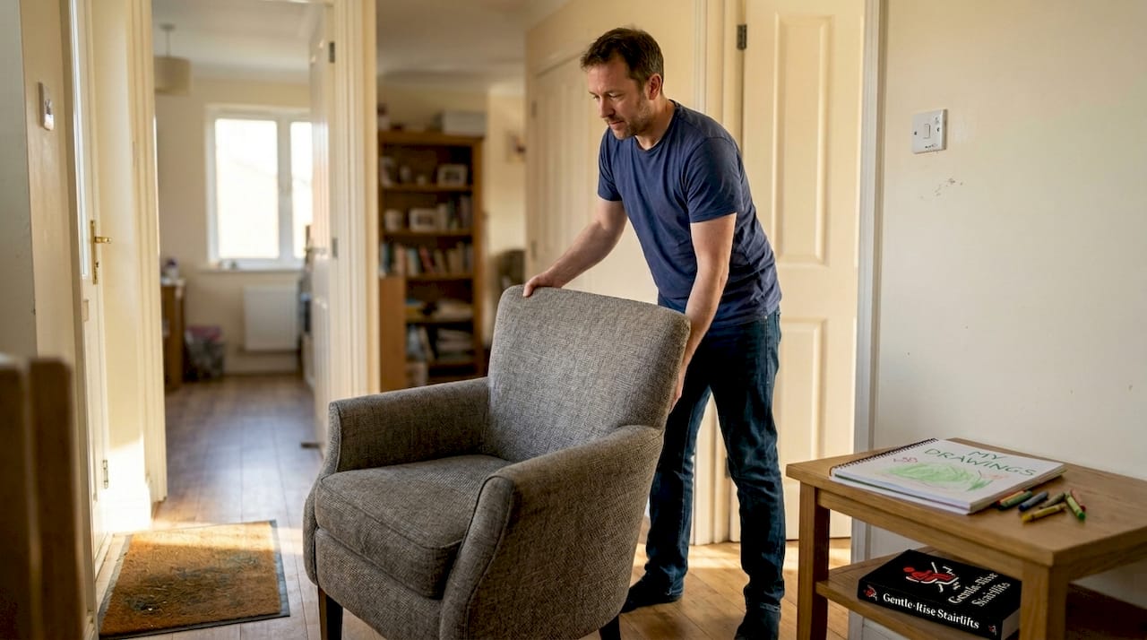 Father relocating chair for easier access