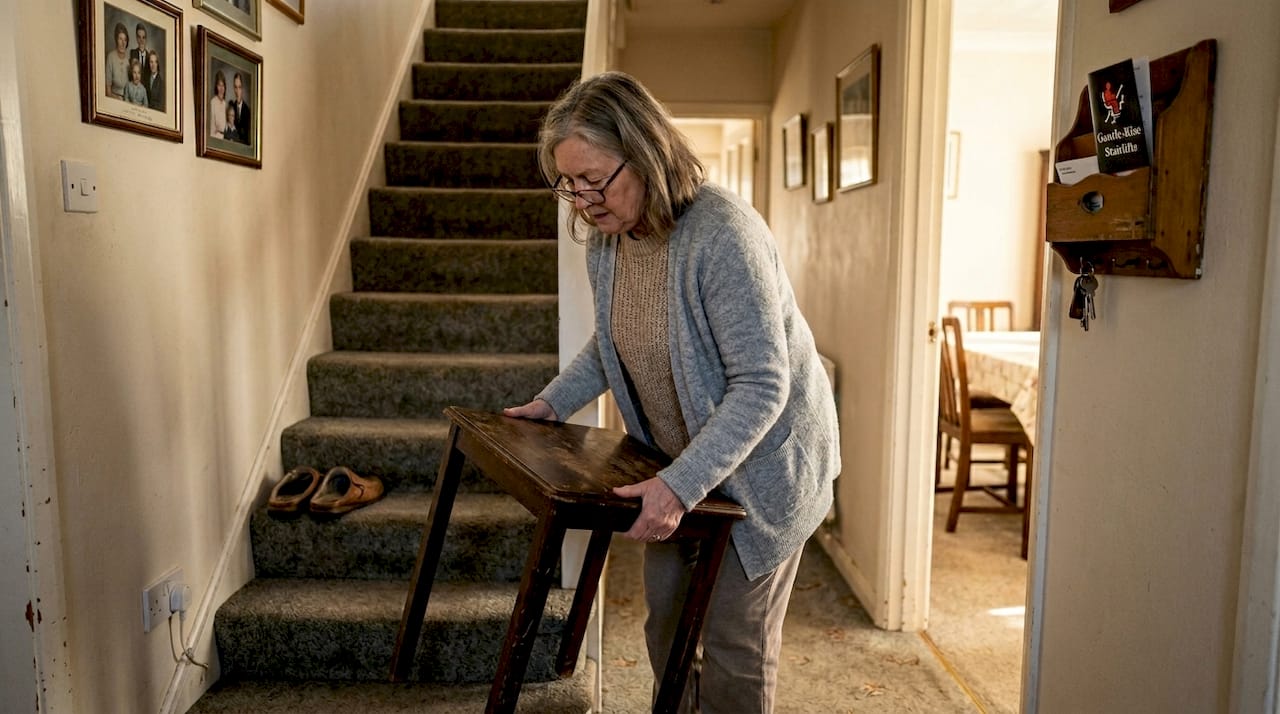 Homeowner clearing hallway for stairlift fitting