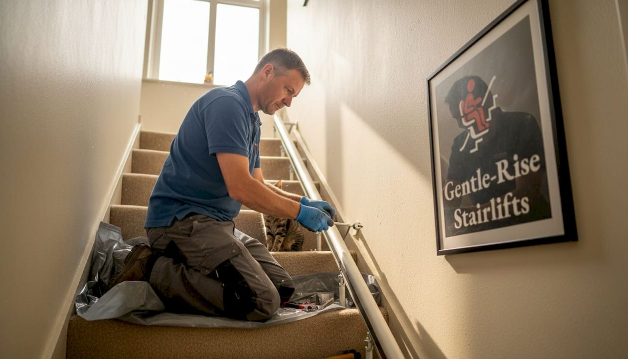 Technician installing stairlift in home