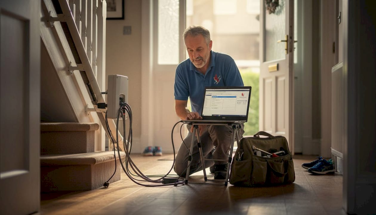 Technician running diagnostics on home stairlift