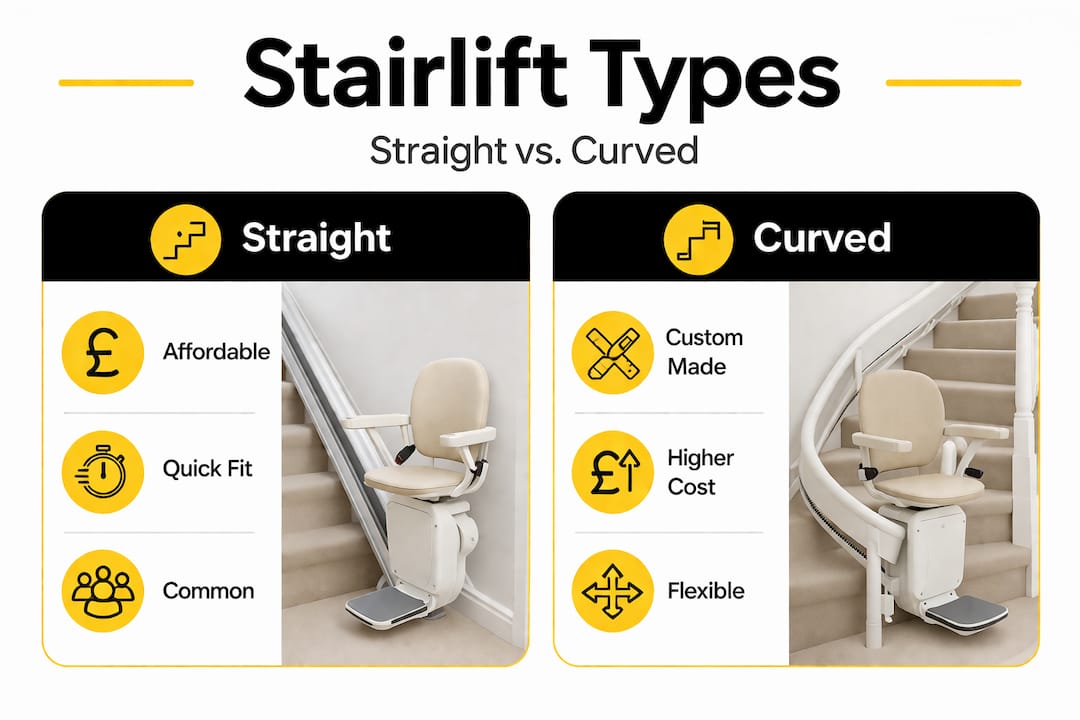 Infographic comparing straight and curved stairlift types