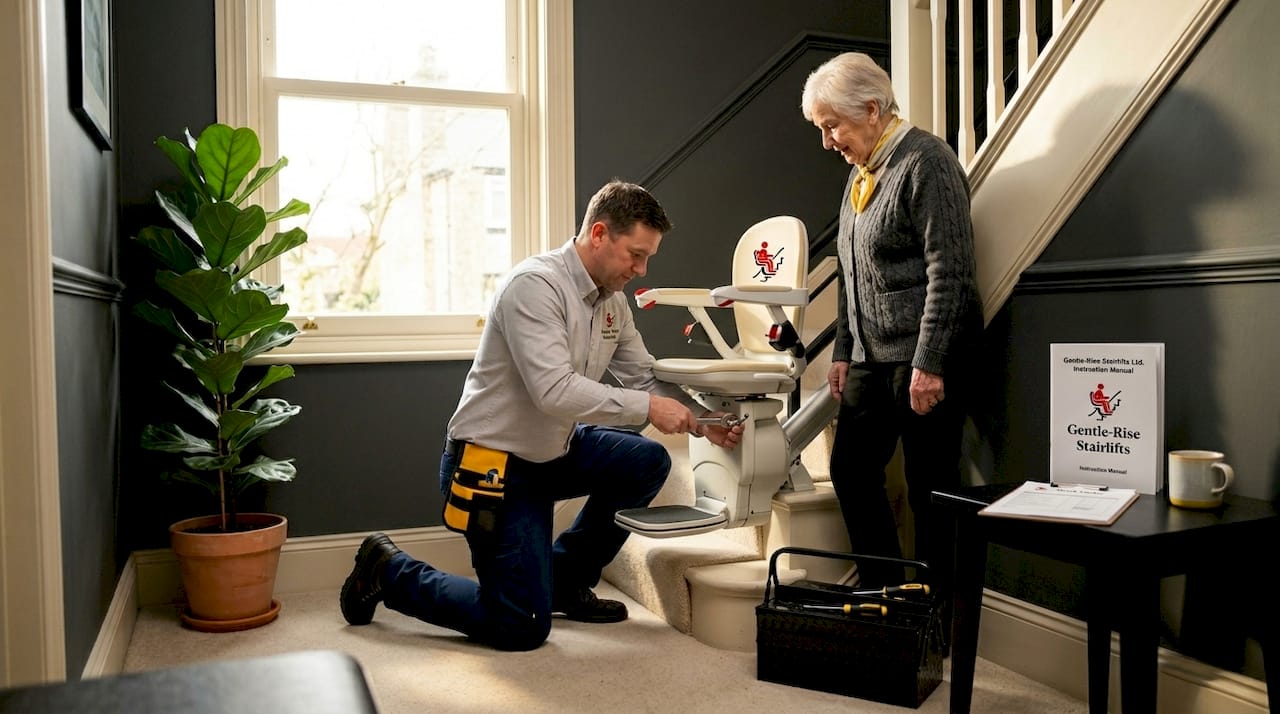 Home stairlift installation by technician and homeowner