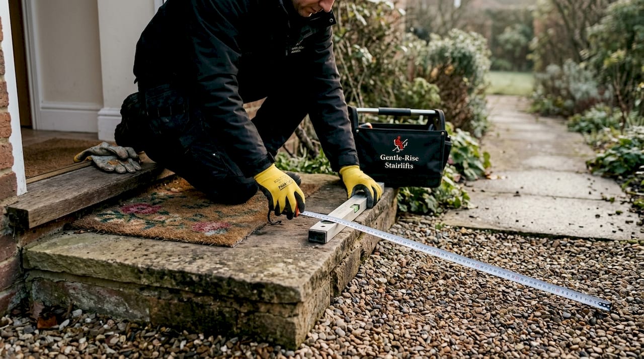 Measuring stair height with spirit level and tape