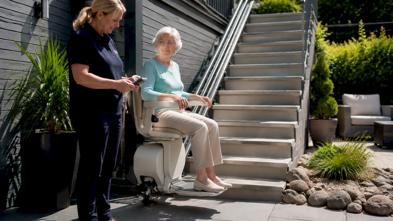 Senior using powered swivel stairlift safely