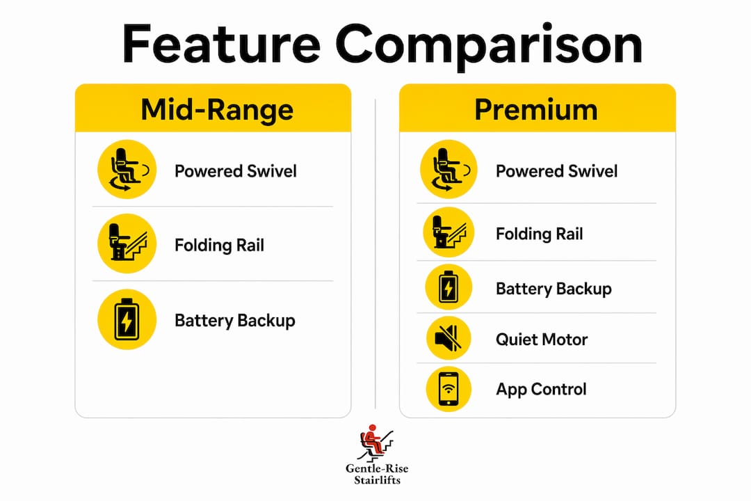 Infographic comparing mid-range and premium stairlift features