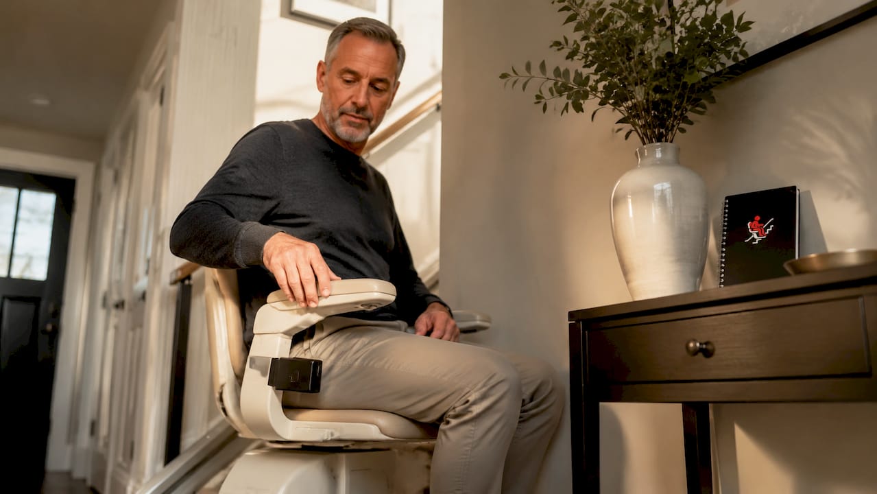 Man testing stairlift comfort on staircase