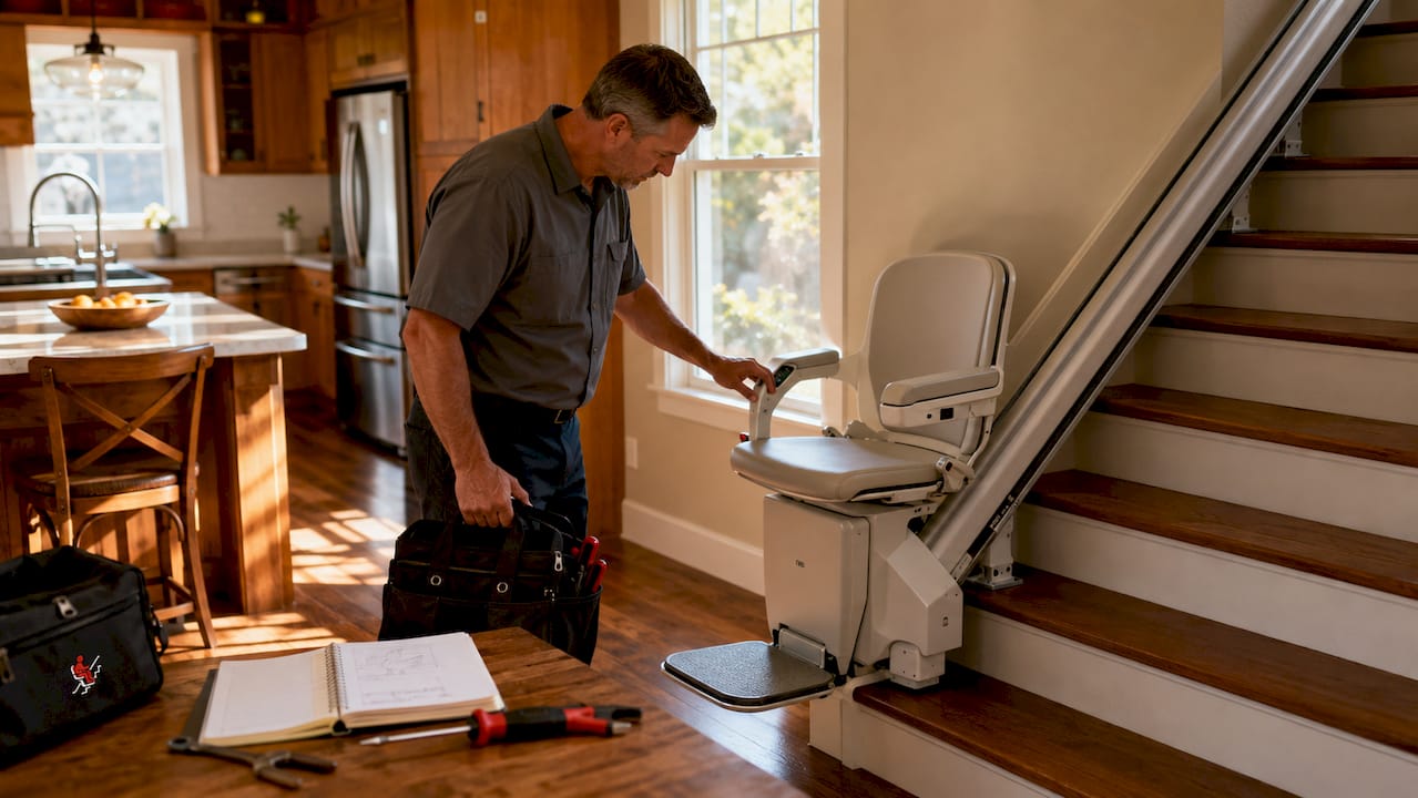 Technician inspecting stairlift rack-and-pinion system