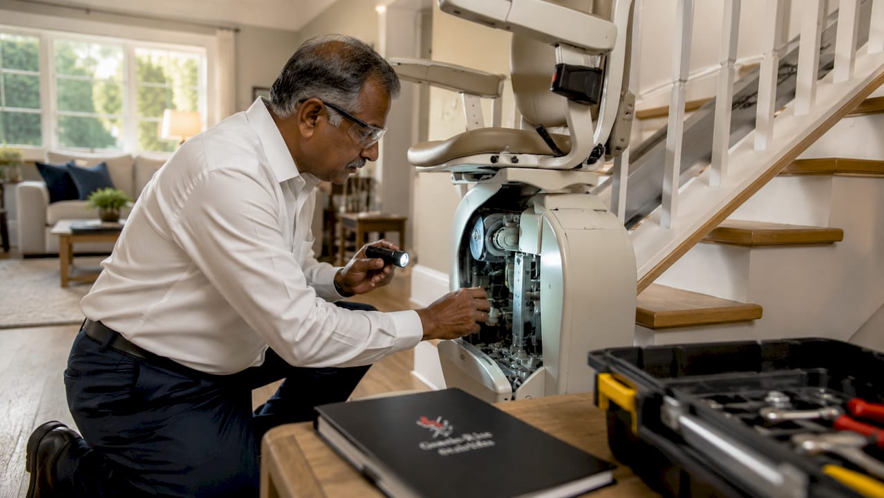 Technician inspecting stairlift motor at home