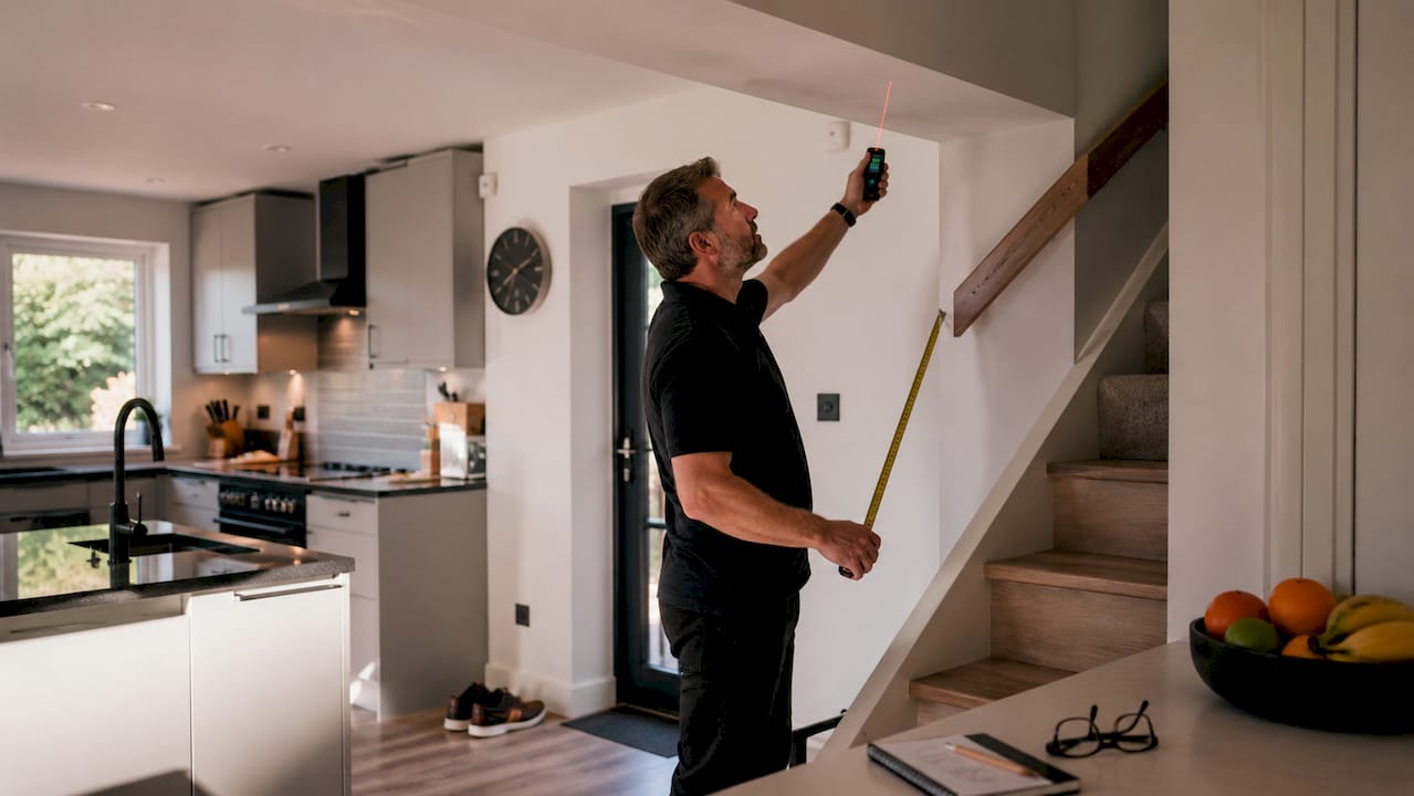Homeowner measuring stair dimensions indoors