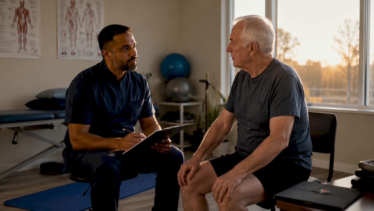 Physiotherapist conducting UK mobility assessment