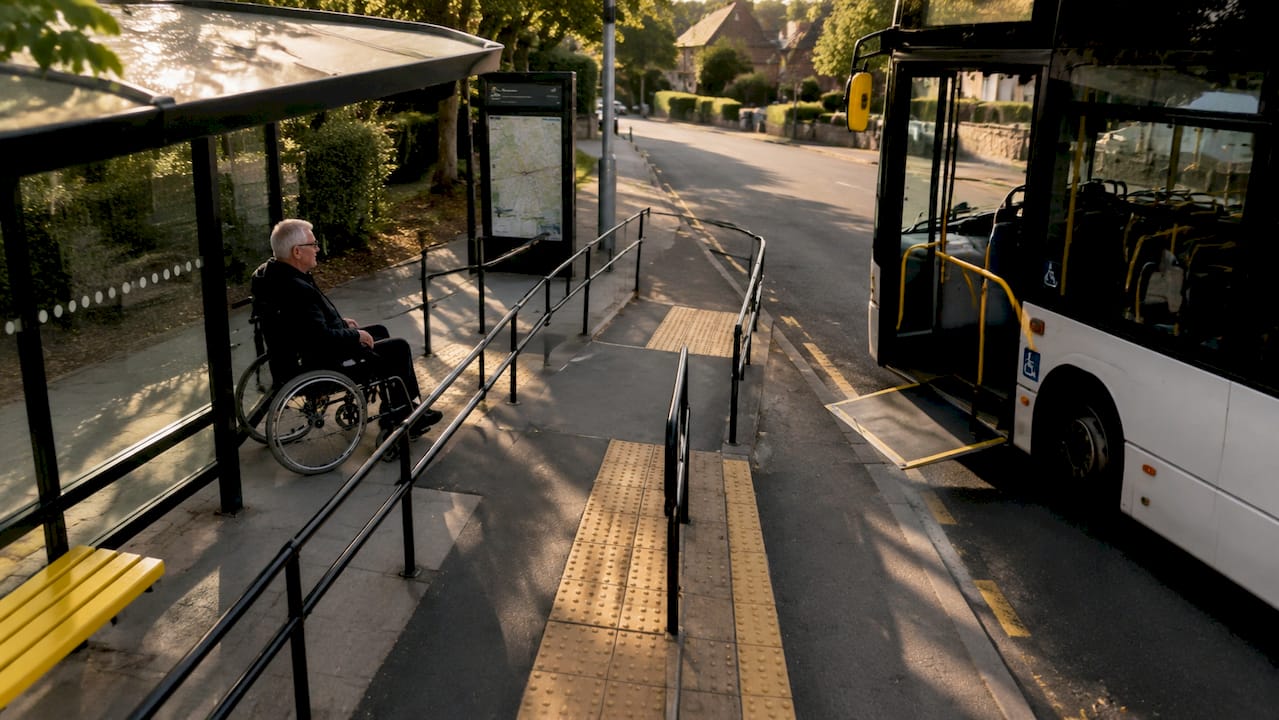 Barrier-free urban bus stop with ramp and tactile paving