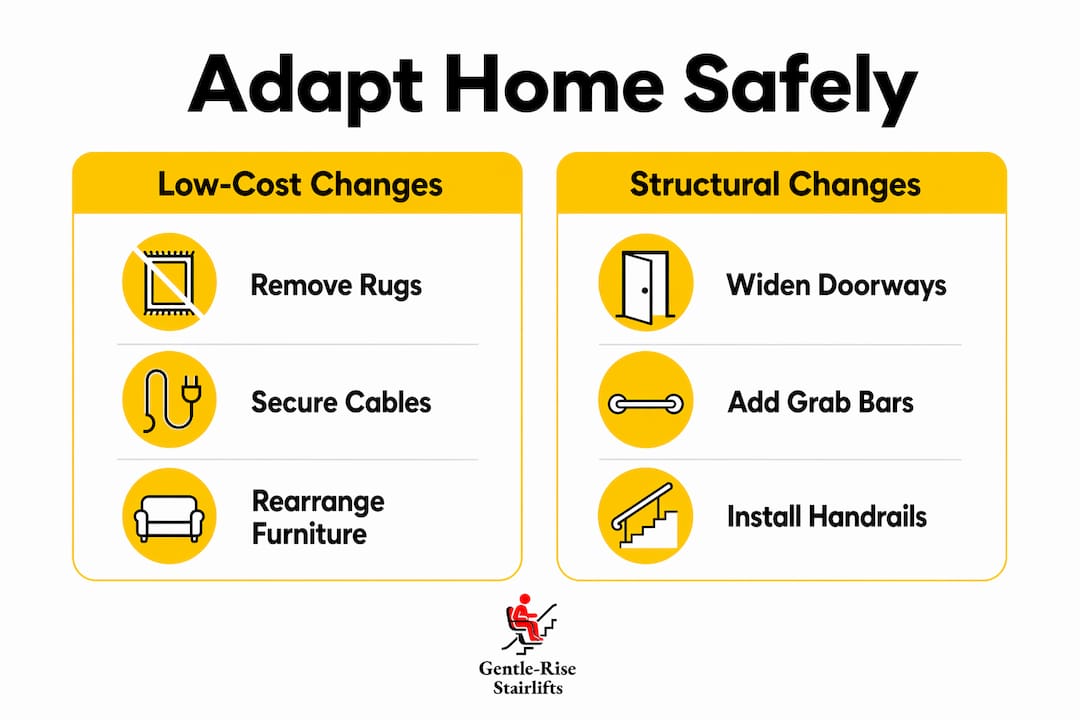 Infographic illustrating home adaptation categories for fall risk reduction