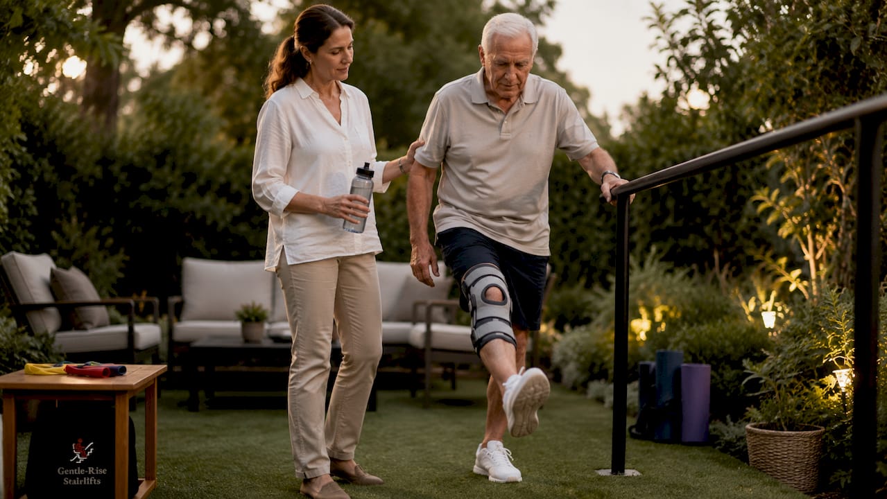 Physiotherapist guiding elderly patient with knee exercise