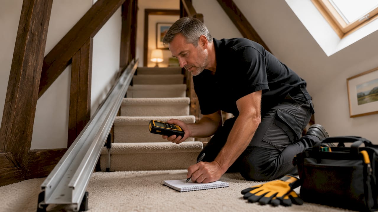 Technician inspecting stairlift rail on stairs