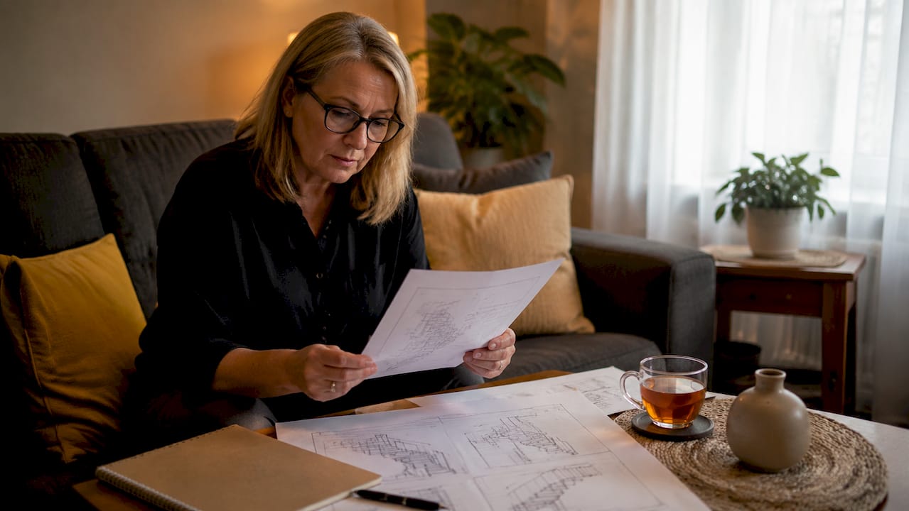 Woman studying stairlift planning paperwork at home