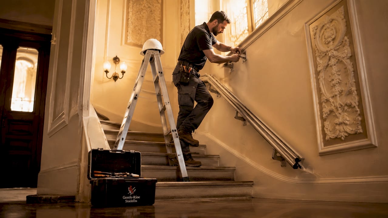 Craftsman installing stairlift rail in listed building