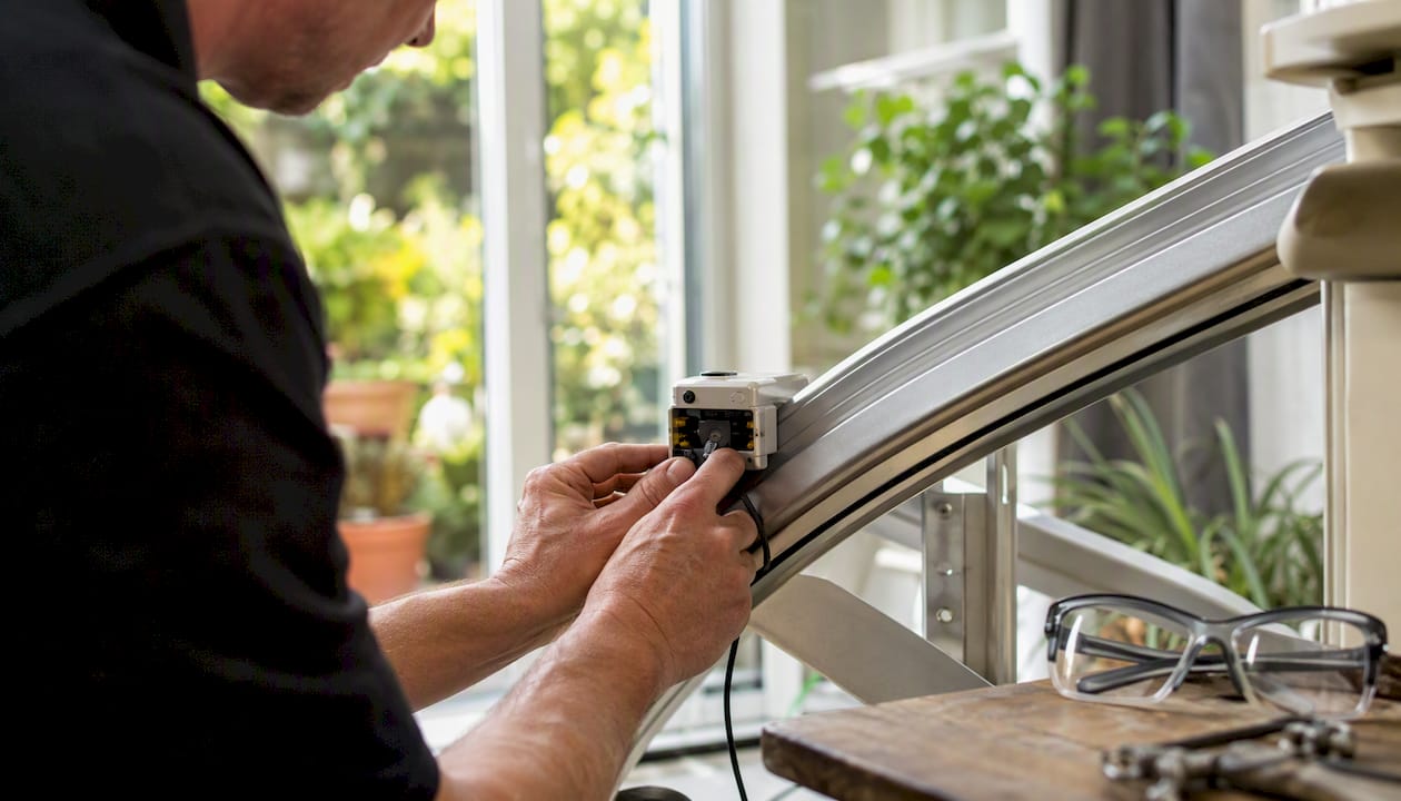 Engineer adjusting stairlift safety sensor