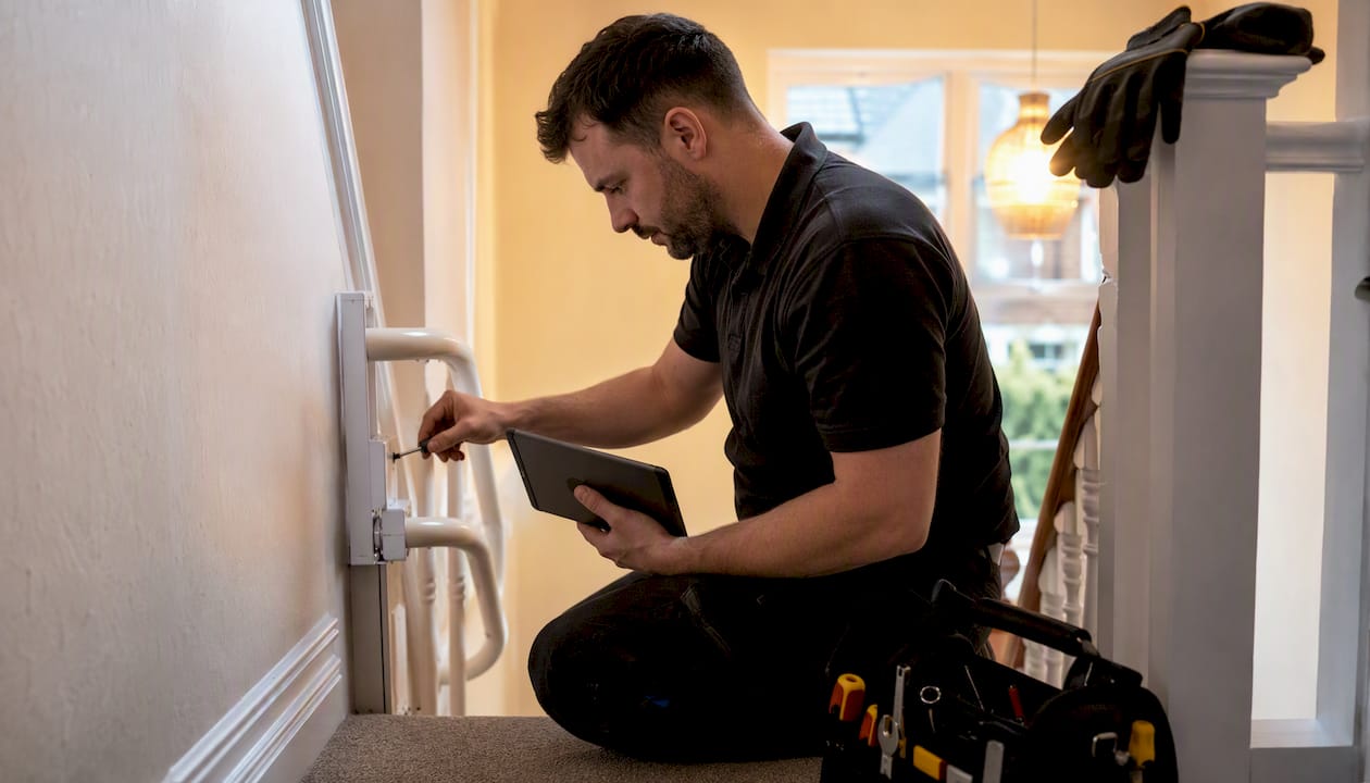 Engineer adjusting stairlift sensor during service visit