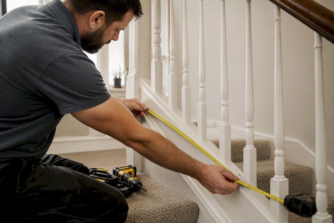 Installer measuring stair rail in UK home