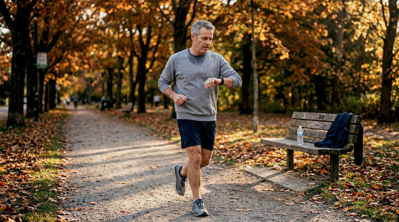 Man jogging in park with fitness watch