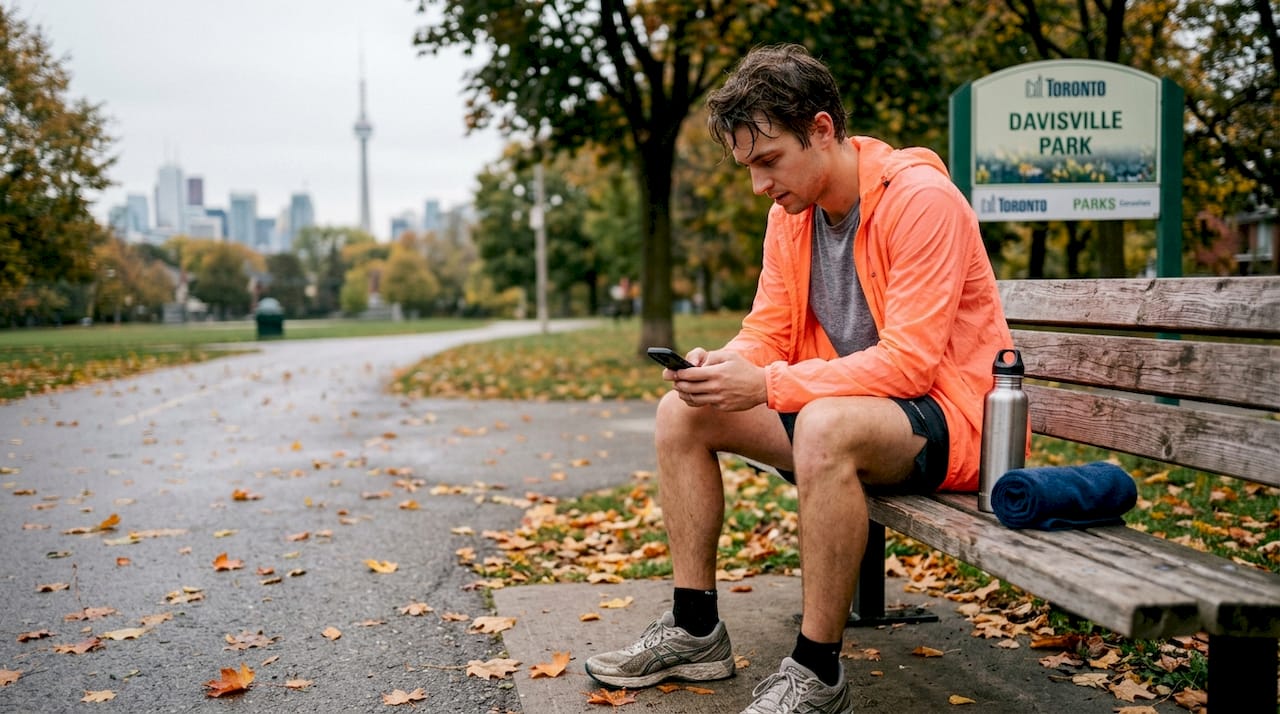 Man logging workout in Toronto park setting
